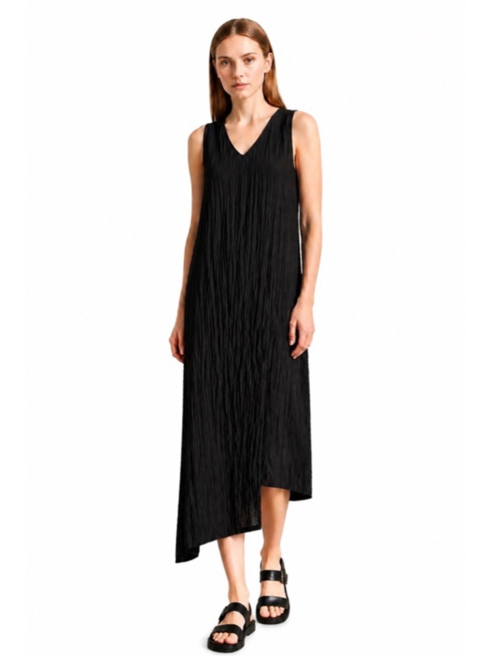 Lauren Vidal Black Crinkle Textured Asymmetrical Hem Midi Dress Sleeveless, S